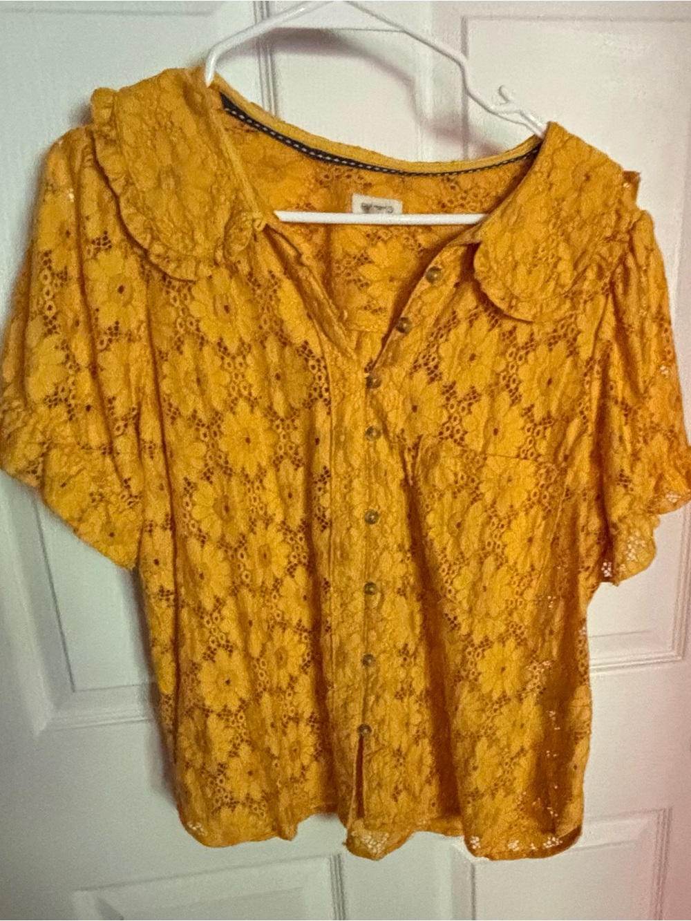 Pilcro Yellow Lace Floral Button-Front Blouse - Picture 3 of 7